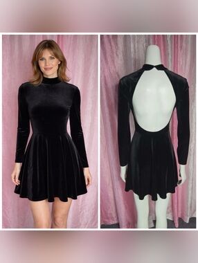 American Apparel | Dresses | American Apparel Long Sleeve Black Velvet Backless  Skater Dress | Poshmark